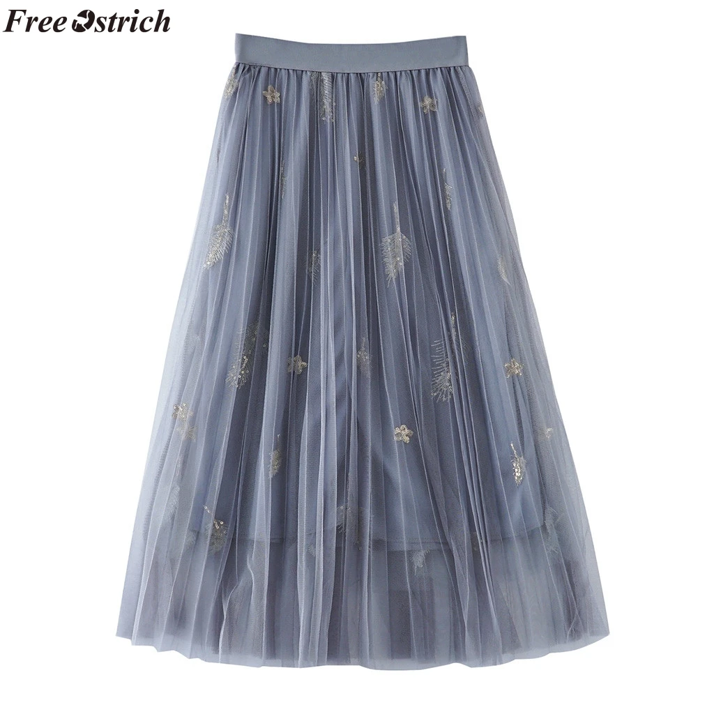 Страуса женская летняя юбка высокая талия плиссированная юбка блестящая женская фатиновая юбка женские длинные юбки для дам
