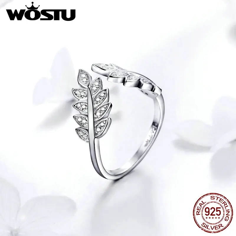 

WOSTU Leaves Flower Rings 925 Sterling Silver Sparkling Zircon Ring Adjustable Size For Women Classic Silver 925 Jewelry FIR505