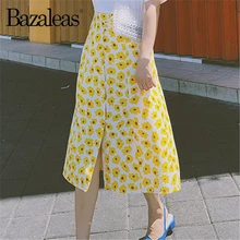 Шикарный центральные значки Для женщин Высокая Талия юбки с принтом в виде подсолнухов юбки желтый миди-юбка, Прямая поставка