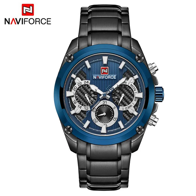 Новые модные мужские s наручные часы naviforce Militray Спортивные кварцевые 24 часы с датой мужские часы полностью стальные водонепроницаемые мужские наручные часы - Цвет: black blue