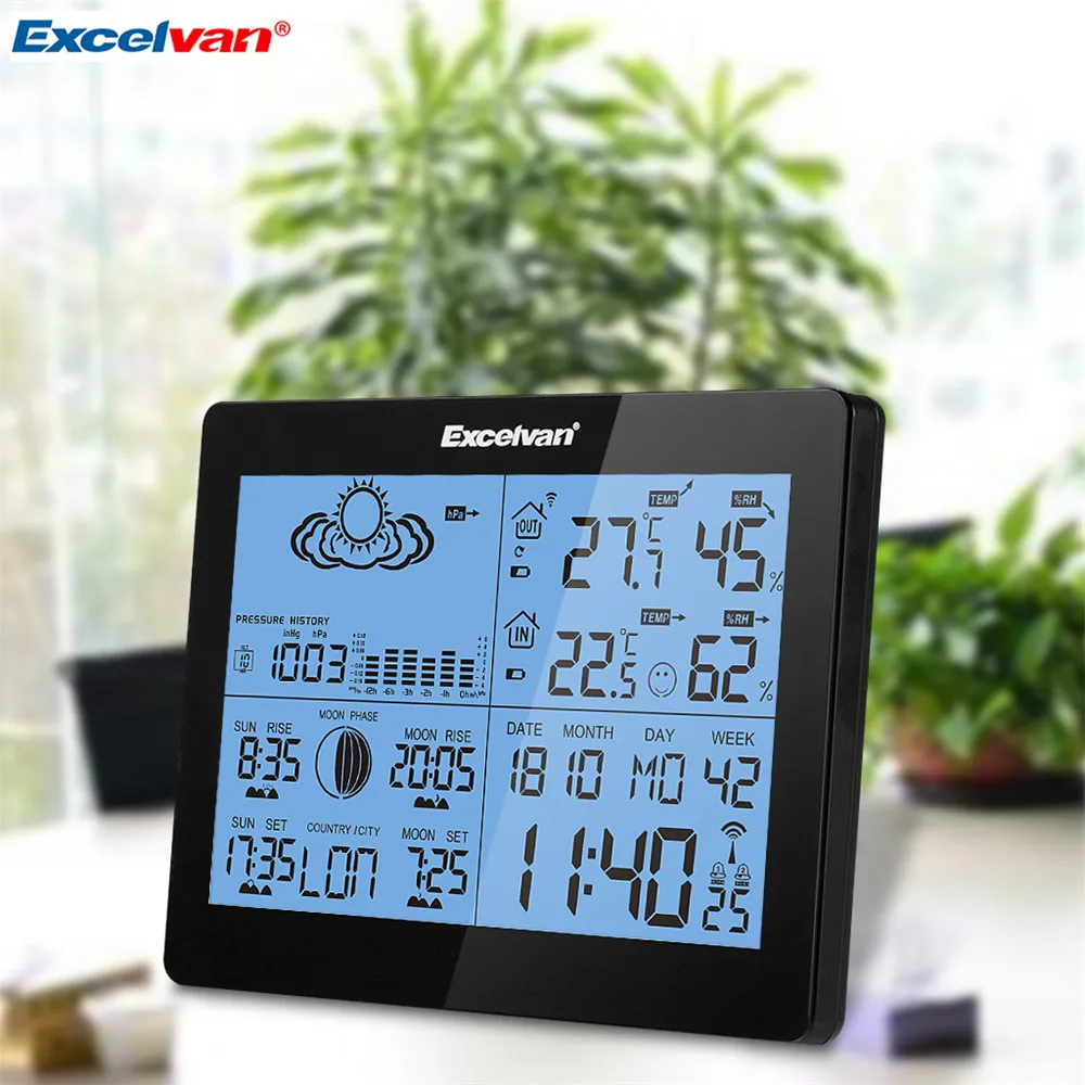 EXCELVAN Wireless Thermometer Hygrometer Weather Station Forecast Temperature Humidity Tester Clock Alarm Indoor Outdoor Clock0