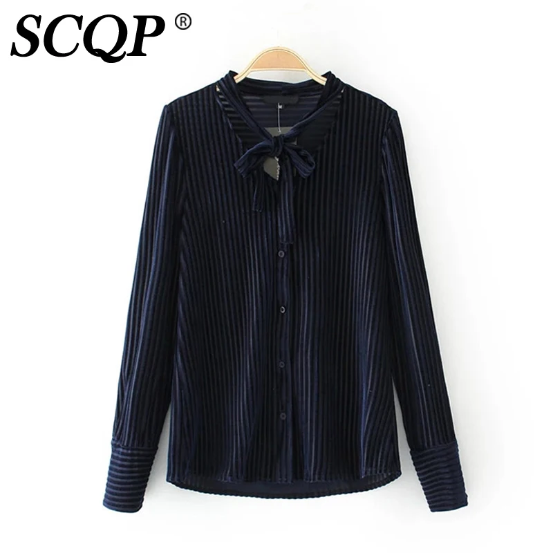 SCQP Лук Узелок V образным Вырезом Женщины Блузки Осень 2017 Полосатый с длинным