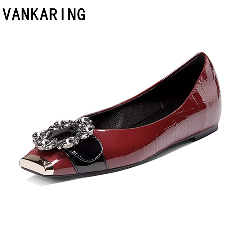 

genuine leather ballet flat shoes brand design square toe shallow bow versatile single shoes fashion buckle casual dress shoes