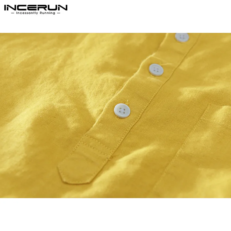 INCERUN 2019 Винтаж для мужчин рубашка подставка с воротником одноцветное цвет свободные топы с короткими рукавами хлопок рубашки домашние