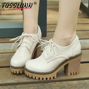 

TASSLYNN 2019 Square High Heels Women Pumps Spring and Autumn Women Shoes Square Heels Pumps Women Lace Up Round Toe Size 34-43
