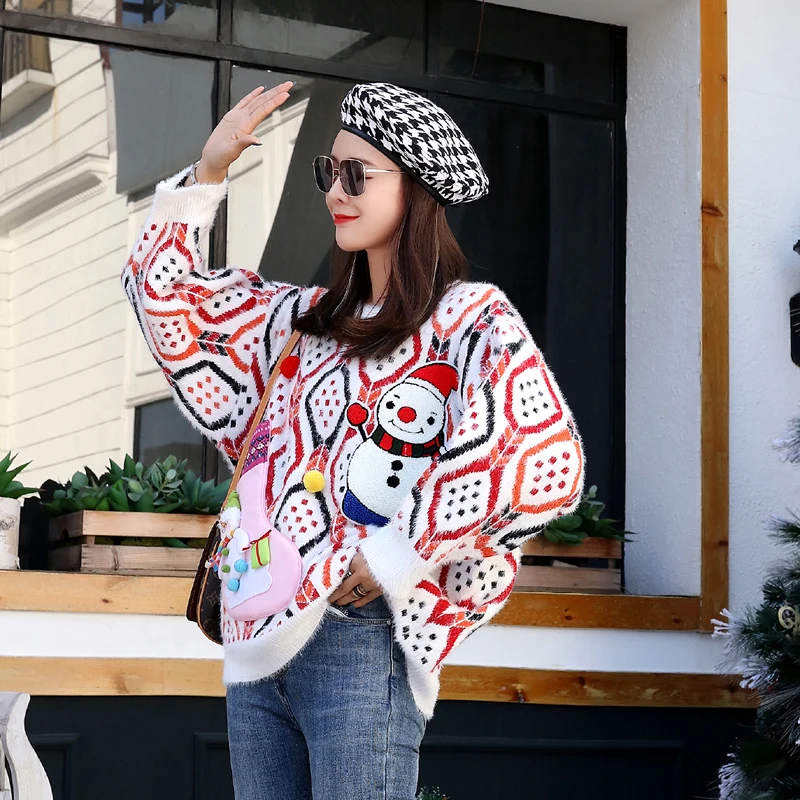 Wielokolorowy sweter damski świąteczny z naszywanym bałwanem 3D 4
