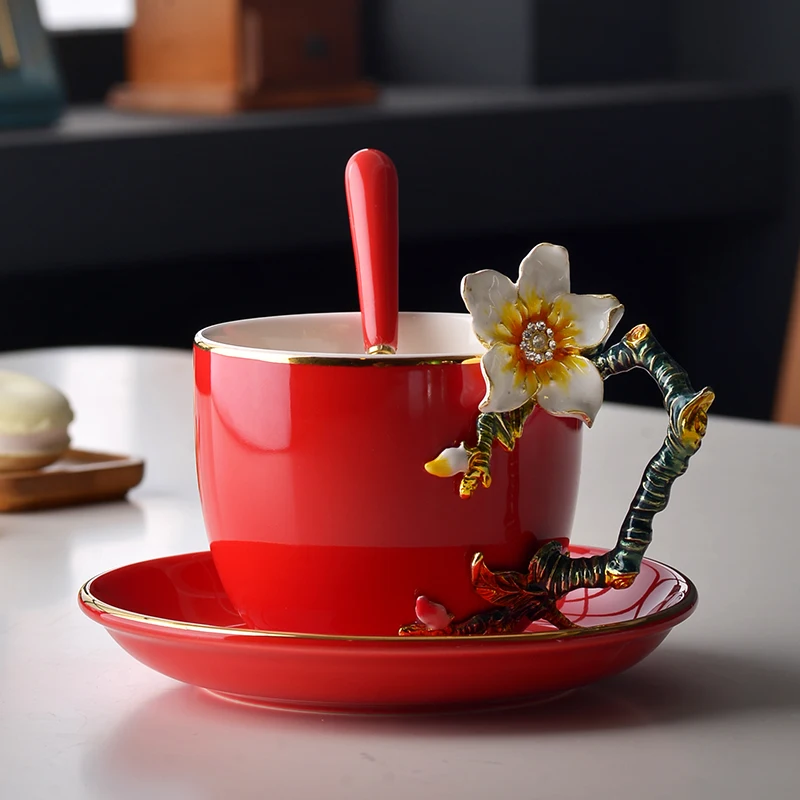 

3D Colored Enamel Coffee Mug Cup Set Porcelain Apricot blossom Tea Milk Copo China Bone Creative Drinkware Friend Wedding