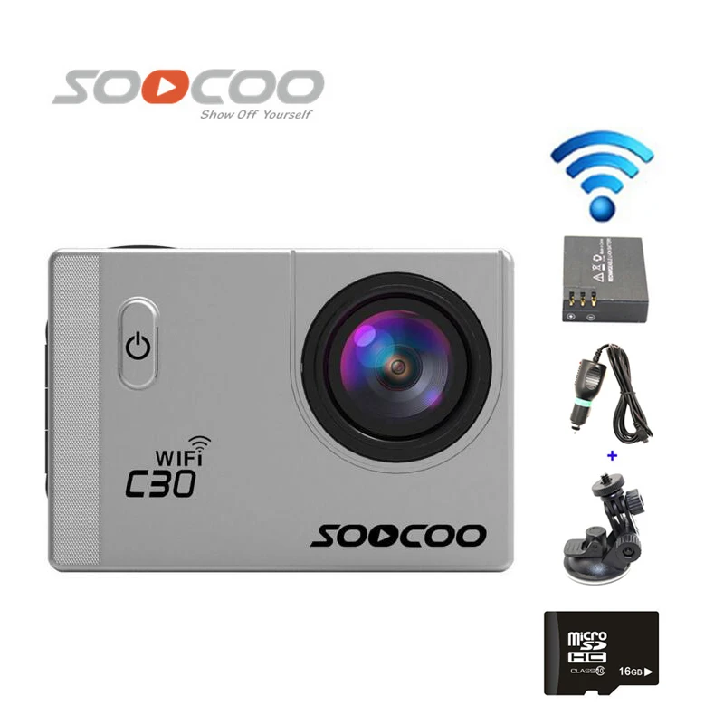 16 Гб SOOCOO C30 Wi-Fi, со сверхвысоким разрешением Ultra HD, 2 K 30fps полный HD 1080 P Мини Спорт Камера+ экстро аккумулятор 1 шт+ автомобиля Зарядное устройство+ держатель