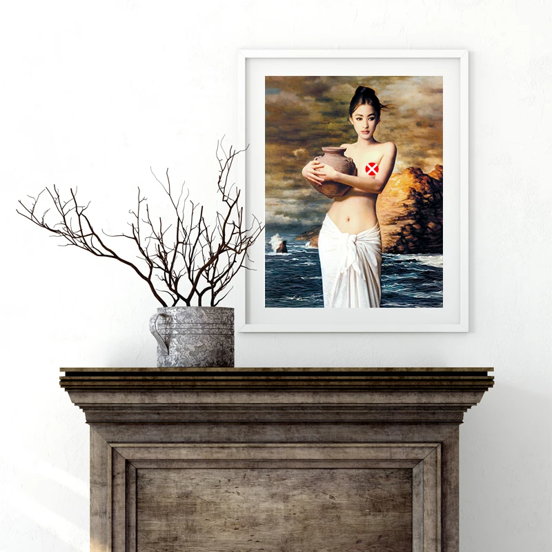 

Poster Chinese Traditional Figure Pot Woman Painting for Bedroom Living room Classic Nude Canvas Wall Art Decoration Cafe Prints