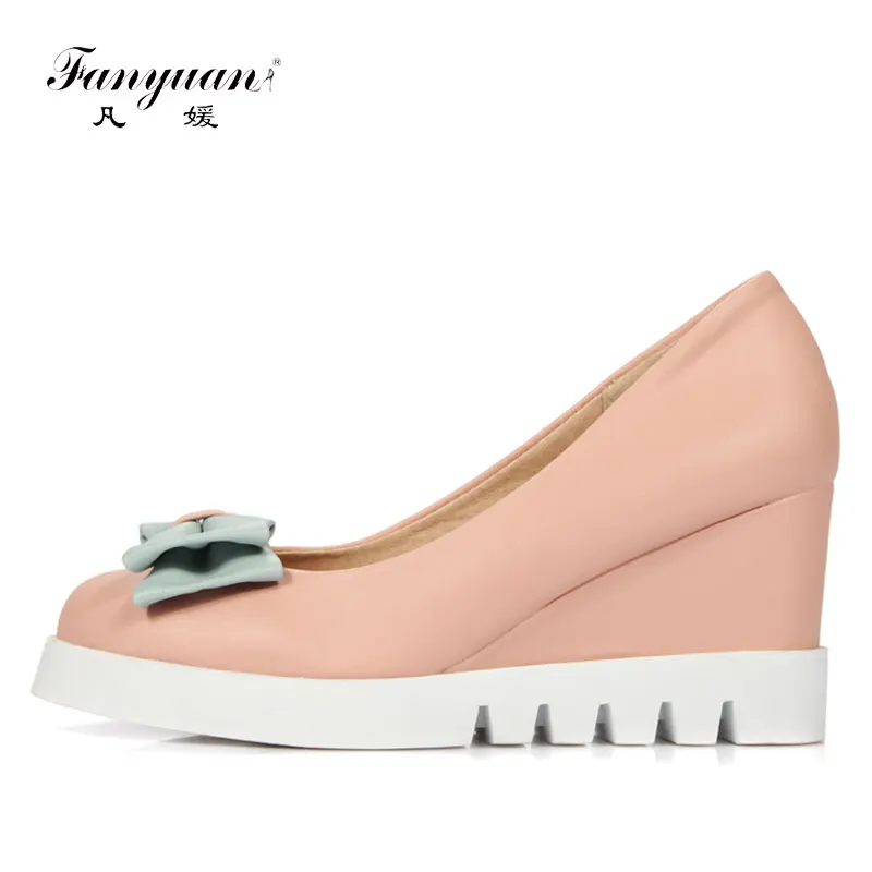 

Fashion Sexy Casual Wedges High Heel Woman Pumps Round Toe Bowtie Charm Show Skidproof Slip On Dress Shoes