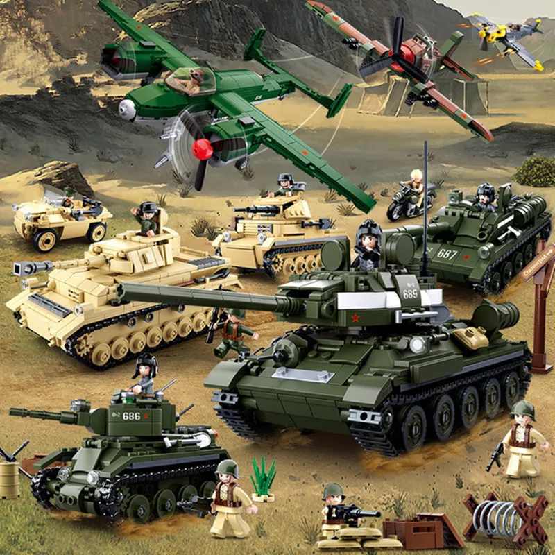 

Military Army World War II WW2 SWAT Soldiers Tiger King T-34 Tank Aircraft Building Blocks Compatible With Lego Educational Toys