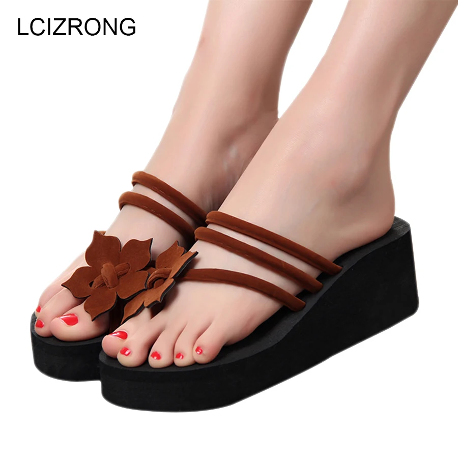 

LCIZRONG Summer Fashion 6.5CM Wedges Flip Flops Women Beach Flower Clip Toe Ladies Thick Bottom Slipper Non-slip Sexy Platform