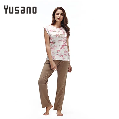 Yusano Cotton Pajamas Women Floral O neck Sleepwear for Girl Sleeveless Top& Long Pants Soft Pijama Feminino Inverno - Цвет: khaki