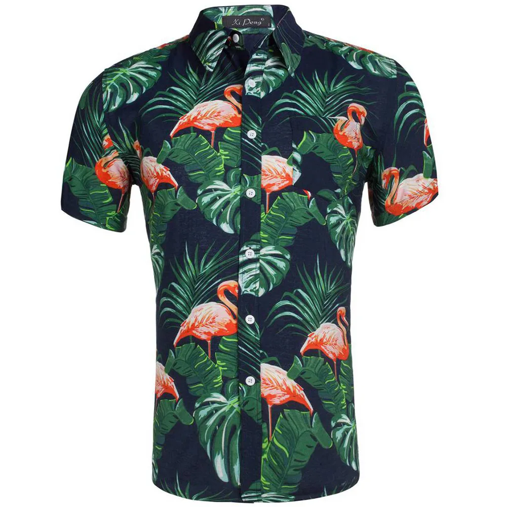 Acheter 2019 été hawaïen à manches courtes chemise hommes coton flamants roses Floral imprimé tenue décontractée chemises hommes vêtements de mode taille américaine XXL