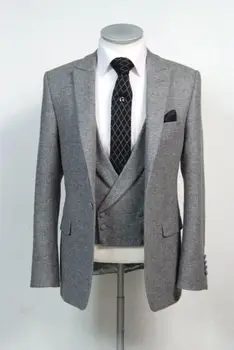 Cena Najnowsze Wzory Płaszcz Pant Szary Tweed Podwójne Piersi Mężczyzn Garnitur Slim Fit 3 Sztuka Stylowy Smokingi Niestandardowe Groom Prom Garnitury Vestidos F1