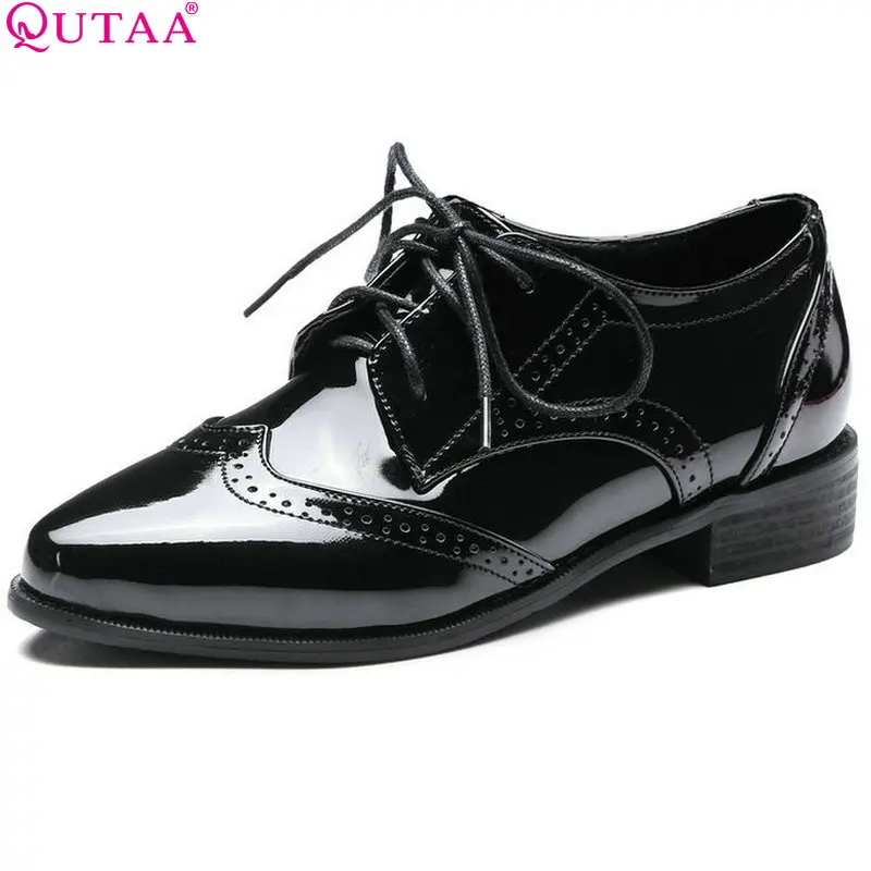 QUTAA Women Pumps Ladies Shoes Square Low Heel Cut Outs PU Patent leather Pointed Toe Lace