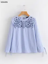 Voguein новые женские синий полосатый цветочный Вышивка o Средства ухода за кожей шеи пуловер рубашка блузка Топы корректирующие оптовая
