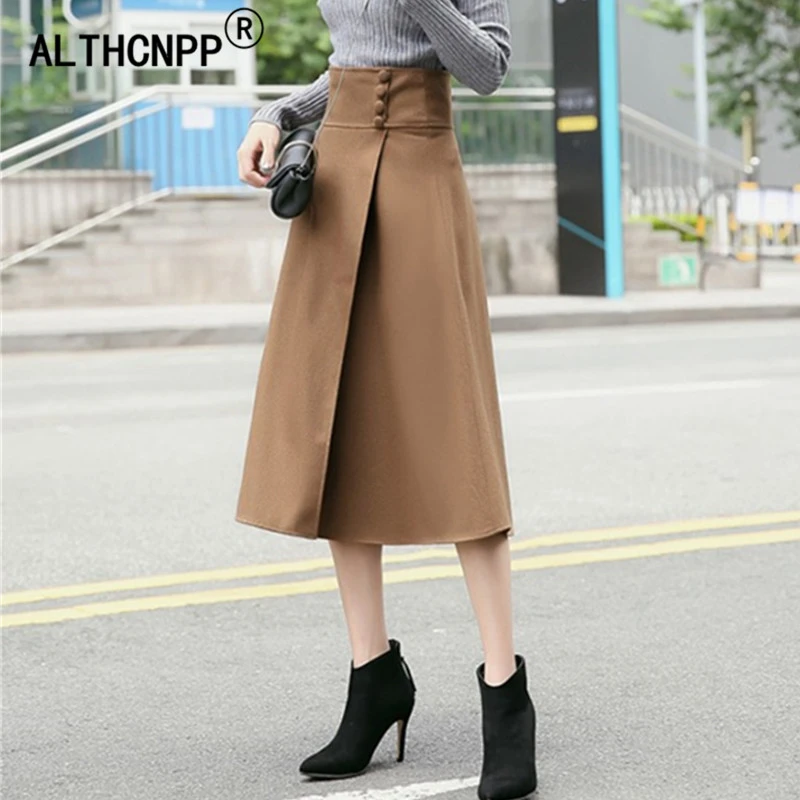 Faldas de lana a la moda para mujer, faldas largas de corte en A, de cintura alta, para oficina, coreanas, para invierno, 2018|Faldas| - AliExpress
