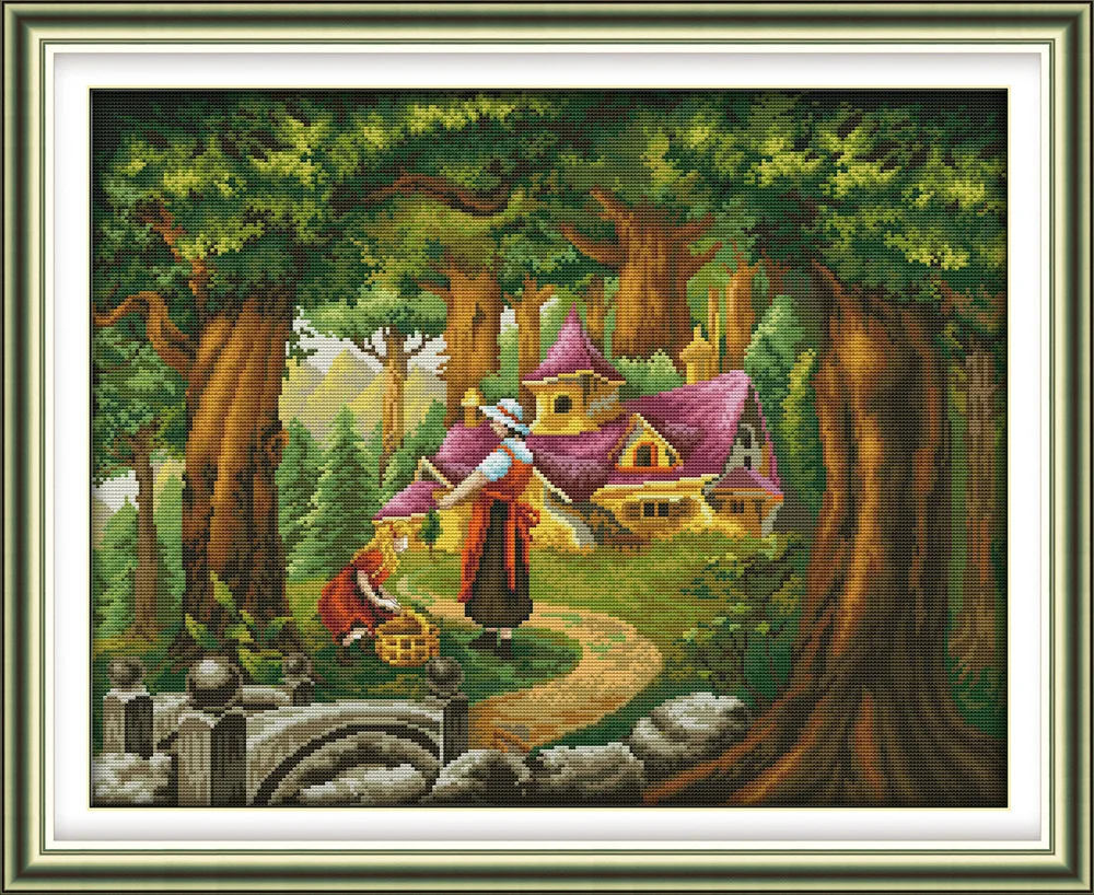 

Joy Sunday The fairy tale hut in forest DMC threads Chinese Cross Stitch Kits printed Cross-stitch set Embroidery Needlework