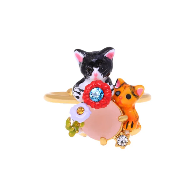 

Enamel Glaze Lovely Cats Gem Flower Adjustable Rings For Women Pearl Charms Fashion Party Jewelry Good Gift