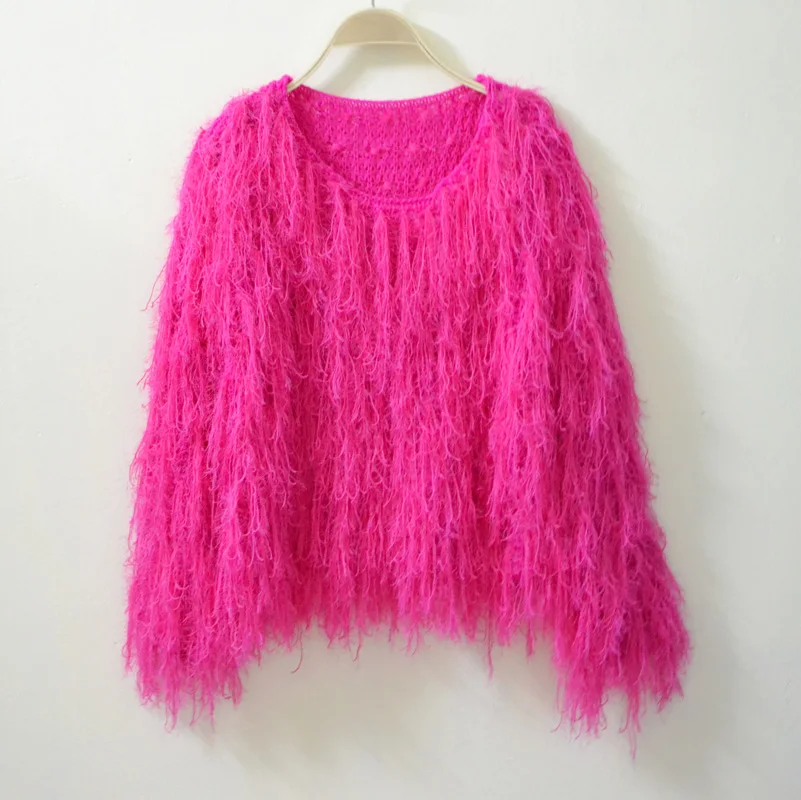 Vintage handmade crocheted sweater shaggier tassel loose pullover outerwear 6108 women fringed tassels jumper knitted sweaters