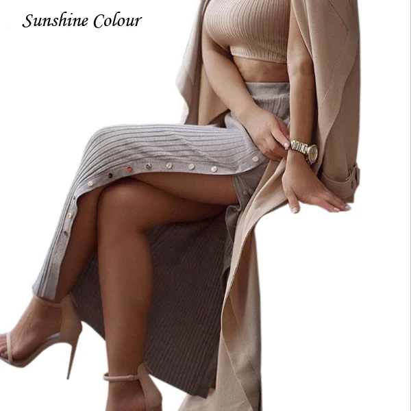 

2017 Autumn Sexy Split Knitted Skirt Women High Waist Skirt Elasticity With Mental Button Long Maxi Skirts Saias