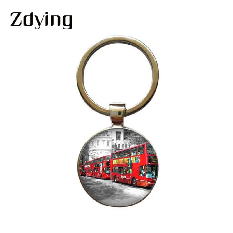 ZDYING Vintage London Bus Pendant Keychain Key Holder Round Glass Cabochon Pattern Charm Keyring For Friends Gift BU001 | Украшения и