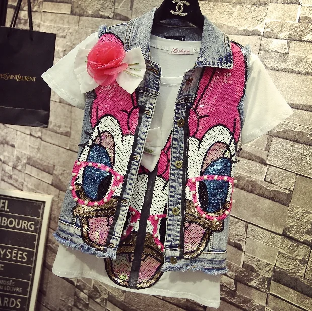 wonderful  Students Short Denim Jacket Coats Spring Winter Women New Fashion Pearl Pink Sequin Long Sleeved Je