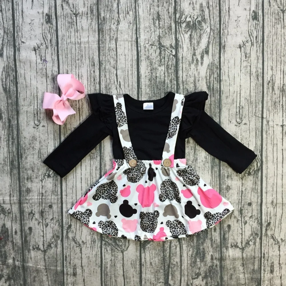 

girls Spring baby girls Fall/ autumn clothes children black top with suspender sets outfits kids wear clothing with bows