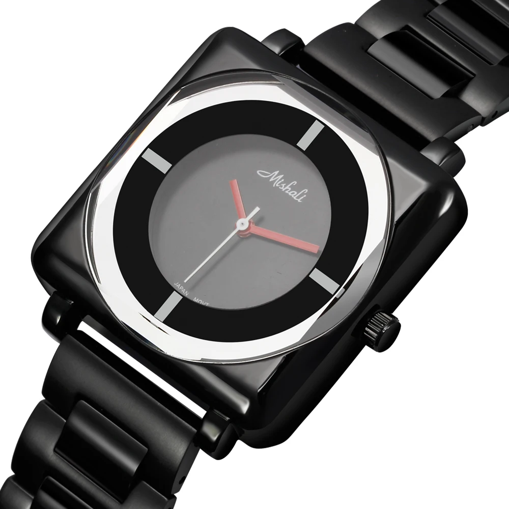 

DC1989 Square Brand women watches Brushed steel Band Inic Gun Plated Black Dial Japan 7T35 Movement Water Resistance