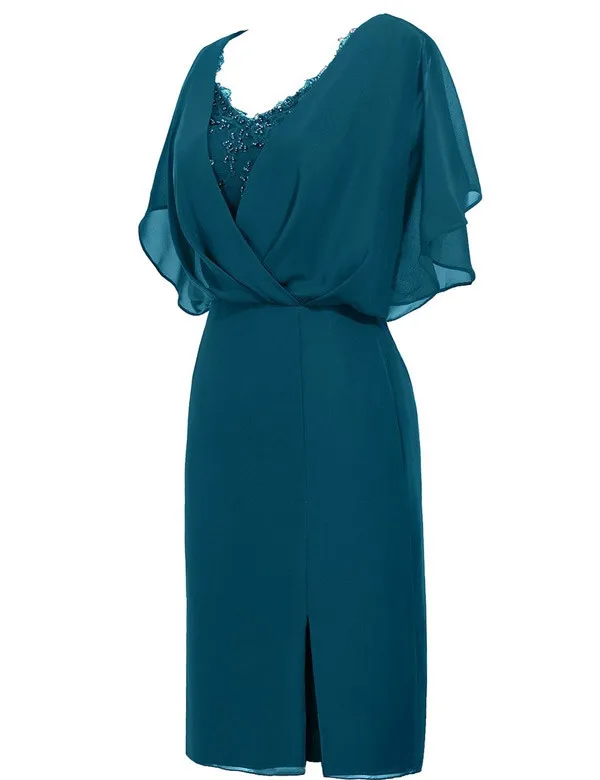 

Simple Elegant Mother of the Bride Dresses Chiffon Mother of the Groom Dresses Gowns Lace Beaded Knee Length Mother Party Dress