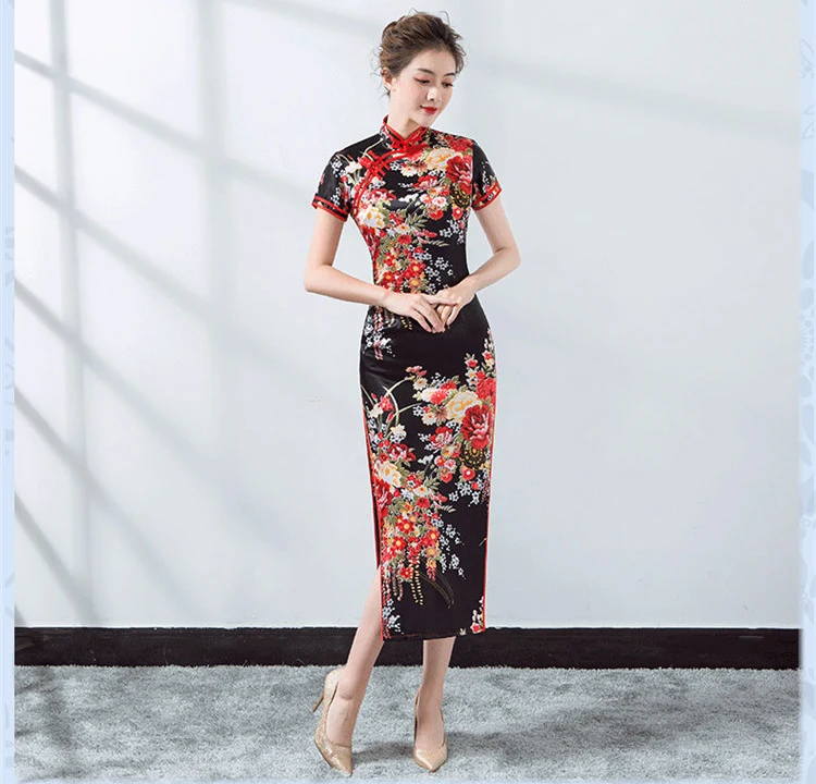 Элегантные женские атласные шарфы Qipao новые тонкие с коротким рукавом Cheong-sam платье в традиционном китайском стиле вечернее платье vestidos
