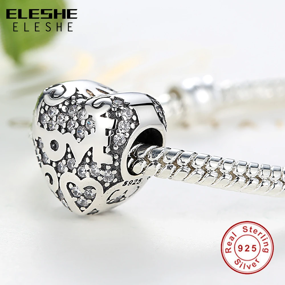 ELESHE Authentic 925 Sterling Silver Love Heart Charm Beads Fit Original ELESHE Bracelet DIY Jewelry In My Heart With Clear CZ