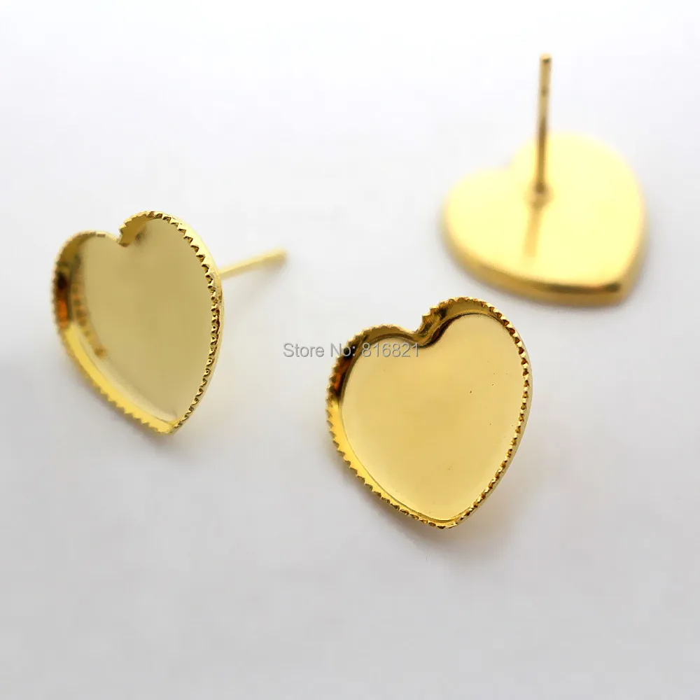 Blank Stud Earrings Bases Golden tone Plated Heart Bezel Tray 10mm 12mm Cabochons Stud Post