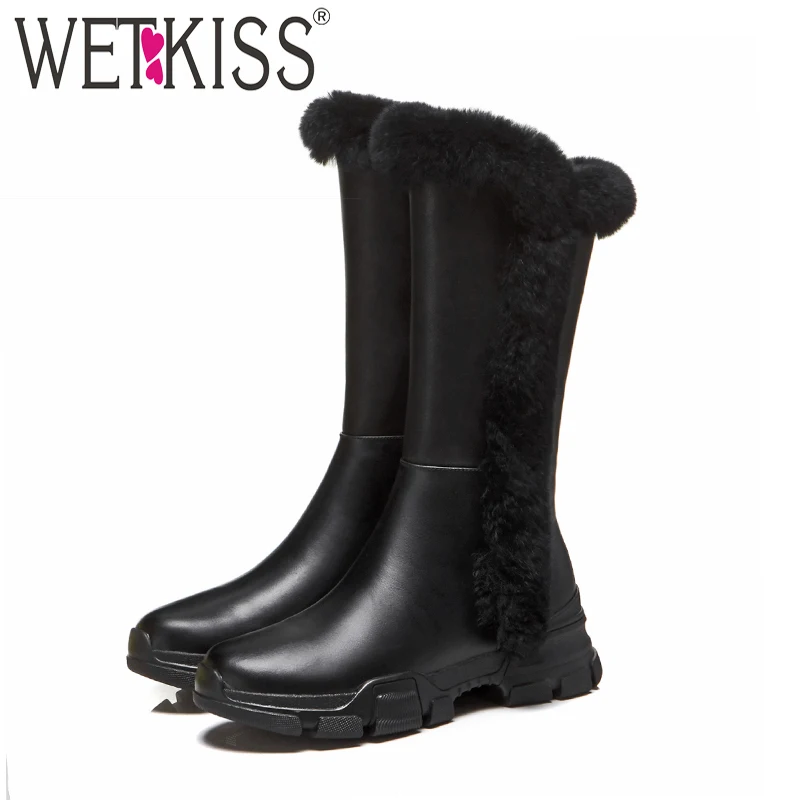 

WETKISS New Cow Leather Women Mid Calf Boots Round Toe Flat With Footwear Fur Warm Female Boot Platform Shoes Woman Winter 2018
