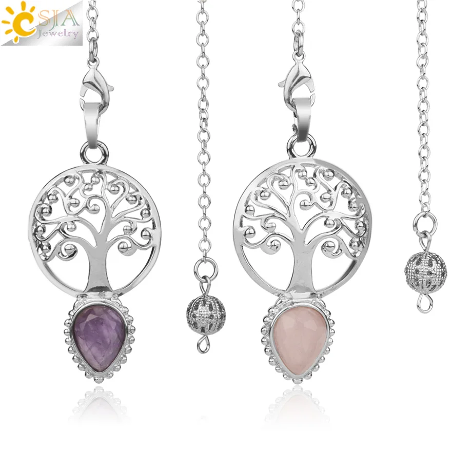 

CSJA New Tree of Life Natural Stone Pendulum Water Drop Faceted Healing Crystal Amulet Wicca for Dowsing Divination Jewelry G151