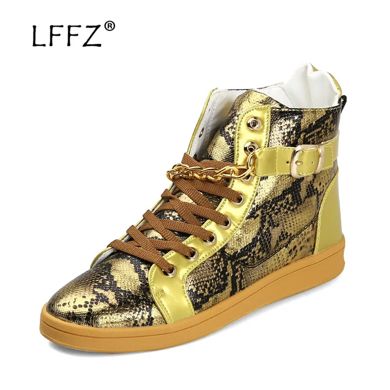 

LFFZ High Sequin Vulcanize Shoes Men Spring Fashion Male Sneakers Chain Decorate Golden Flats Men Waterproof Glossy Casual Shoes