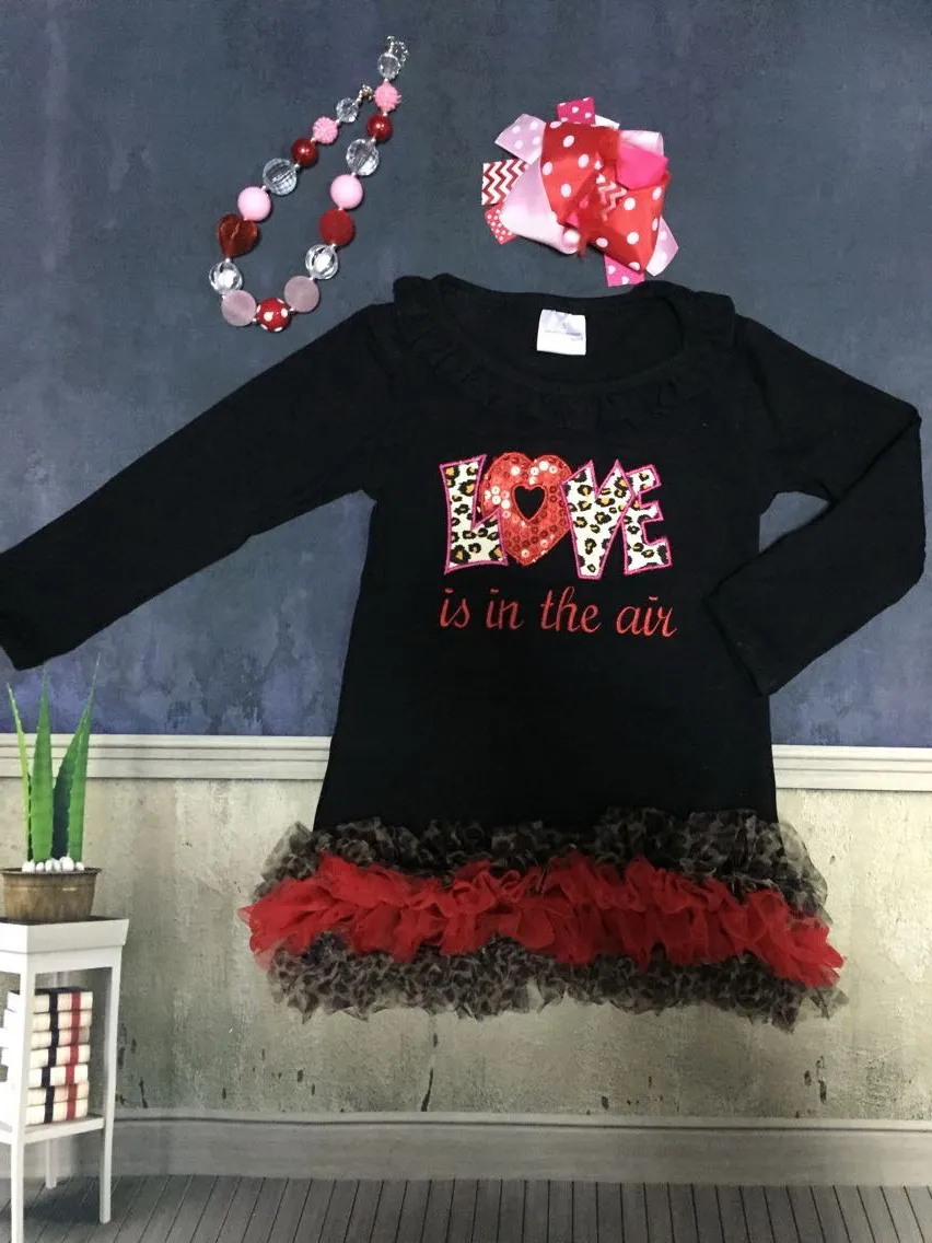 

baby girls clothes girls V-day dress kids love party dress long sleeve black dress with leopard ruffle witih accessories