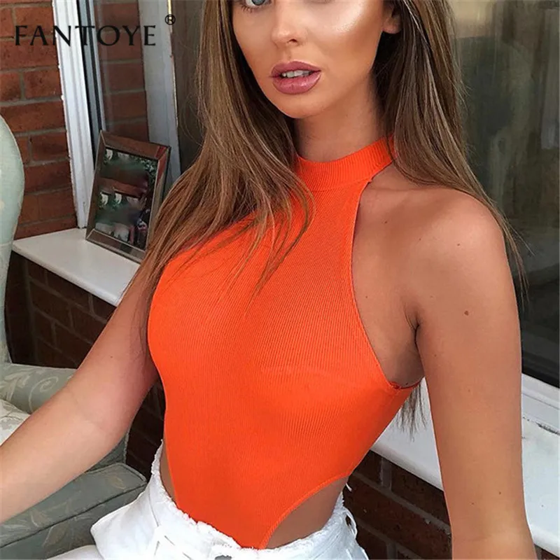 

Fantoye 2019 Summer Fashion Women Basic Bodysuit Bodycon Tops Candy Color Halter Neck Sleeveless Top BeachWear High Streetwear