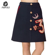 S~ XXXL размера плюс женская юбка с драгоценными камнями нашивки темно-синяя шерстяная юбка выше колена прямая повседневная одежда AOFULI B6333