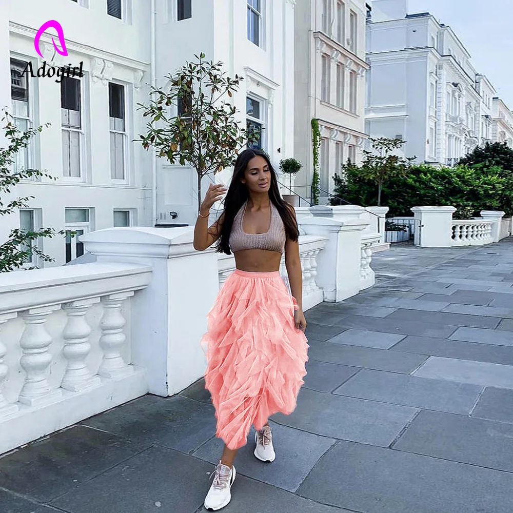 

Tulle Women Irregular Skirts Fashion Elastic High Waist Mesh Tutu Skirt Pleated Long Skirts Midi Skirt Saias Faldas Jupe Femmle