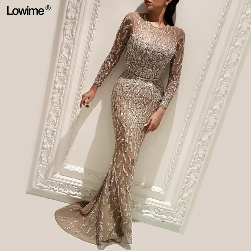 Sexy Arabic Dubai Muslim Sequined Evening Dresses Long Abendkleider Scoop Evening Gown Prom Dress Long 2018 (1)