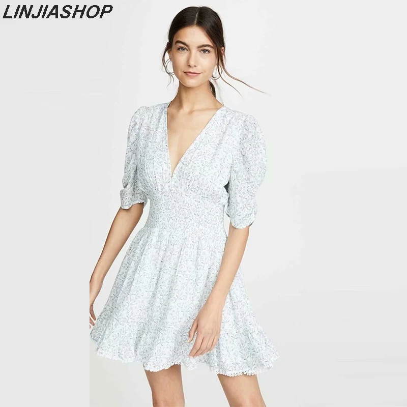 Boho летние платья с принтом Глубокий v образный вырез вышивка тонкая талия пышные