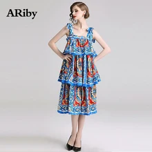 ARibyWomen Printed Cake Dress Summer Party Square Collar Dress 2019 New Sweet Blue Sling Sleeveless Multi-level A-Line Dress sweet square neck sleeveless circle printed dress for women