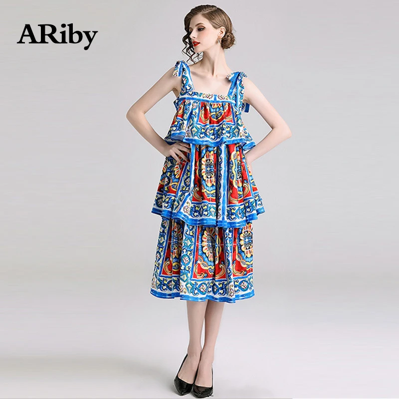 

Women Dress Summer Party Square Collar Dress 2019 New Fashion Blue Printing Sling Sleeveless Multi-level Cake Sweet A-Line Dress