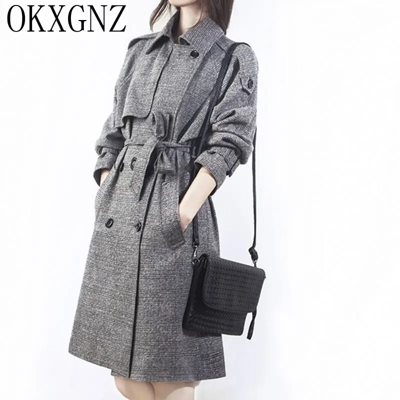 

OKXGNZ Women Windbreaker Coat Spring/Autumn Grid Double-breasted Trench Coat Lapel Belt Slim Plus Size Han Edition Costume AH065