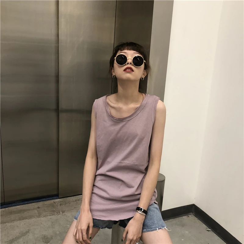 Женская одежда летние корейские ulzzang без рукавов майка свободная harajuku однотонные повседневные футболки для девочек о-образные выступы BF hipster топики