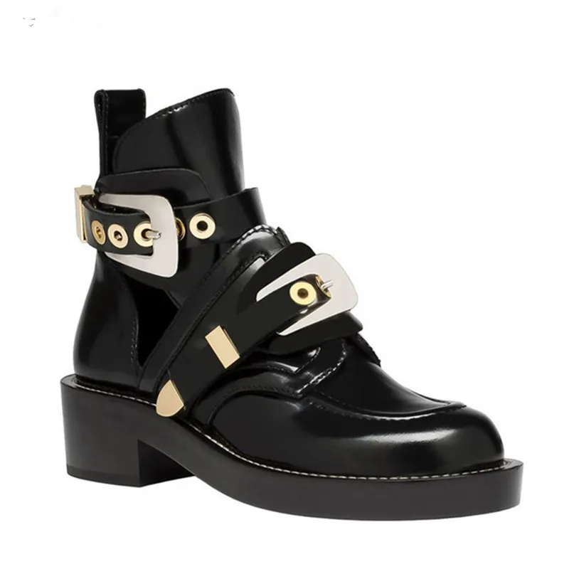 

Genuine Leather Round Toe Cool Botines Mujer Metallic Gold Silver Buckles Chunky Heels Spring Summer Booties Ankle Women Shoes