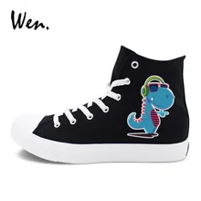 Wen Men Women Sneakers High Top Athletic Flat Original Design Cartoon Dinosaur Earphone Listen to Music Canvas Shoes