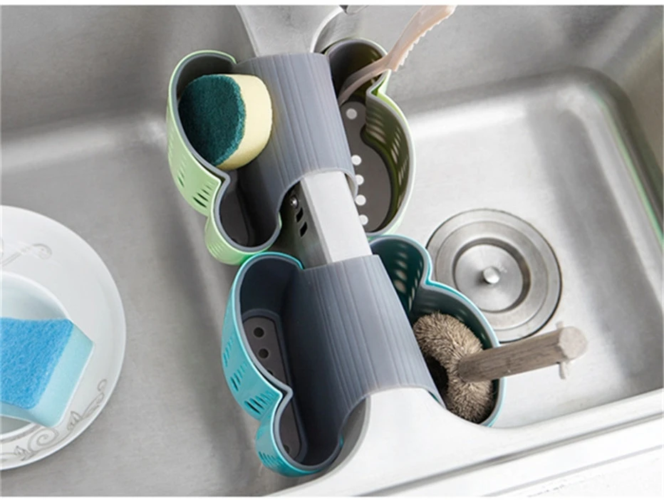 2 Sided Kitchen Sponge Drain Rack Sink Scouring Pad Hanging Storage Basket Cleaning Brush Holder Bathroom Organizer Soap Shelf4